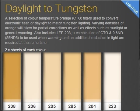 Conversione Daylight to Tungsten Pack fogli filtri LEE 2x6 colori 300x300 mm