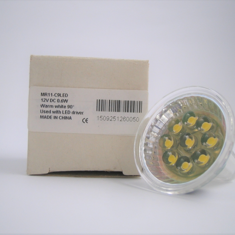 DICROICA LED  MR11 GU4 12V DC 9 LED BIANCO CALDO 90°