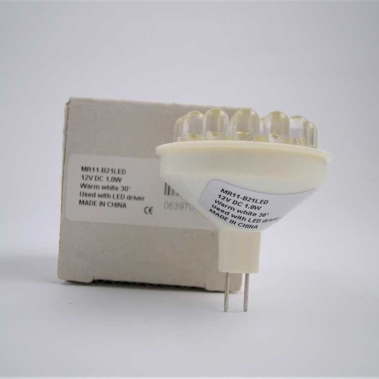 DICROICA LED  MR11 GU4 12V 21 LED BIANCO CALDO 30° PLASTICA