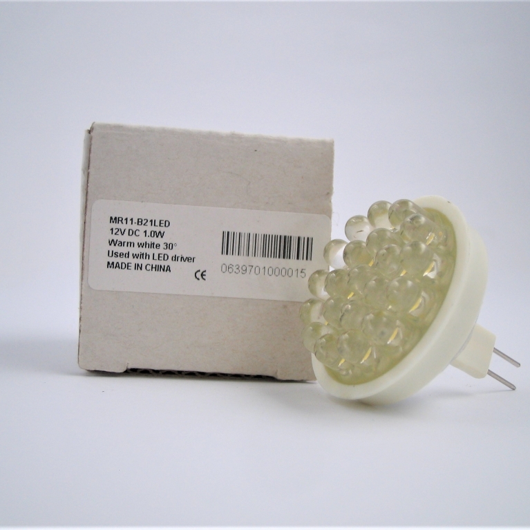 DICROICA LED  MR11 GU4 12V 21 LED BIANCO CALDO 30° PLASTICA