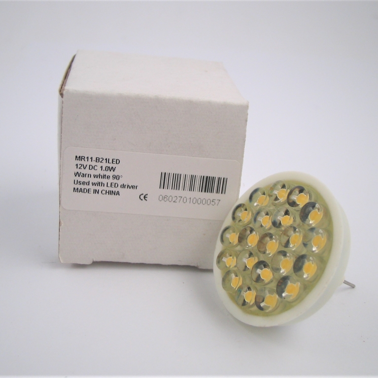 DICROICA LED  MR11 GU4 12V DC 21 LED BIANCO CALDO 90°