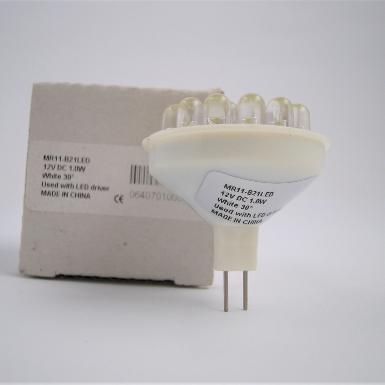 DICROICA LED  MR11 GU4 12V DC 21 LED BIANCO PLASTICA 30°