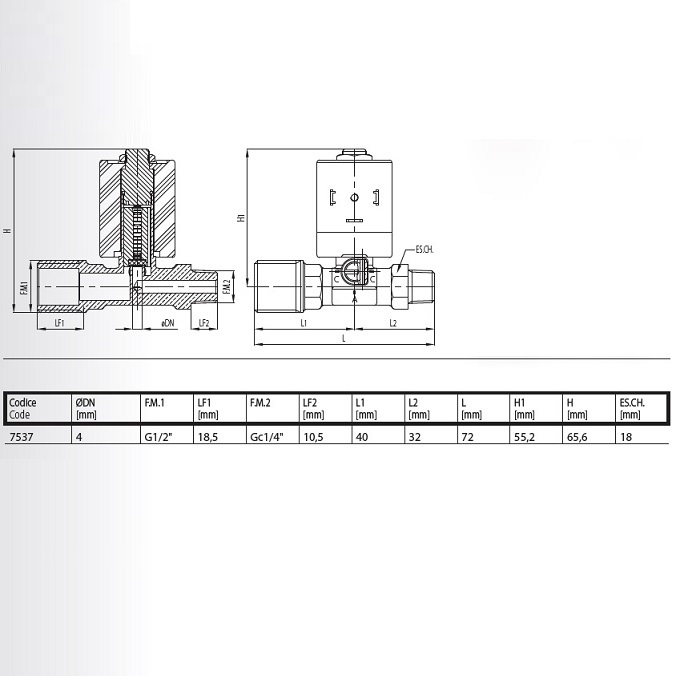 Elettrovalvola 2/2 vie in linea 7537 con filetto maschio  220/230V 50Hz 15VA