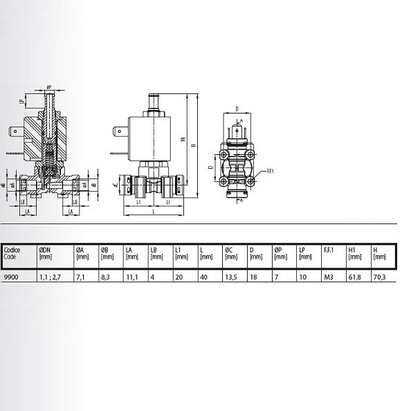 Elettrovalvola 3/2 vie in linea serie 9900 230V 50Hz 9VA